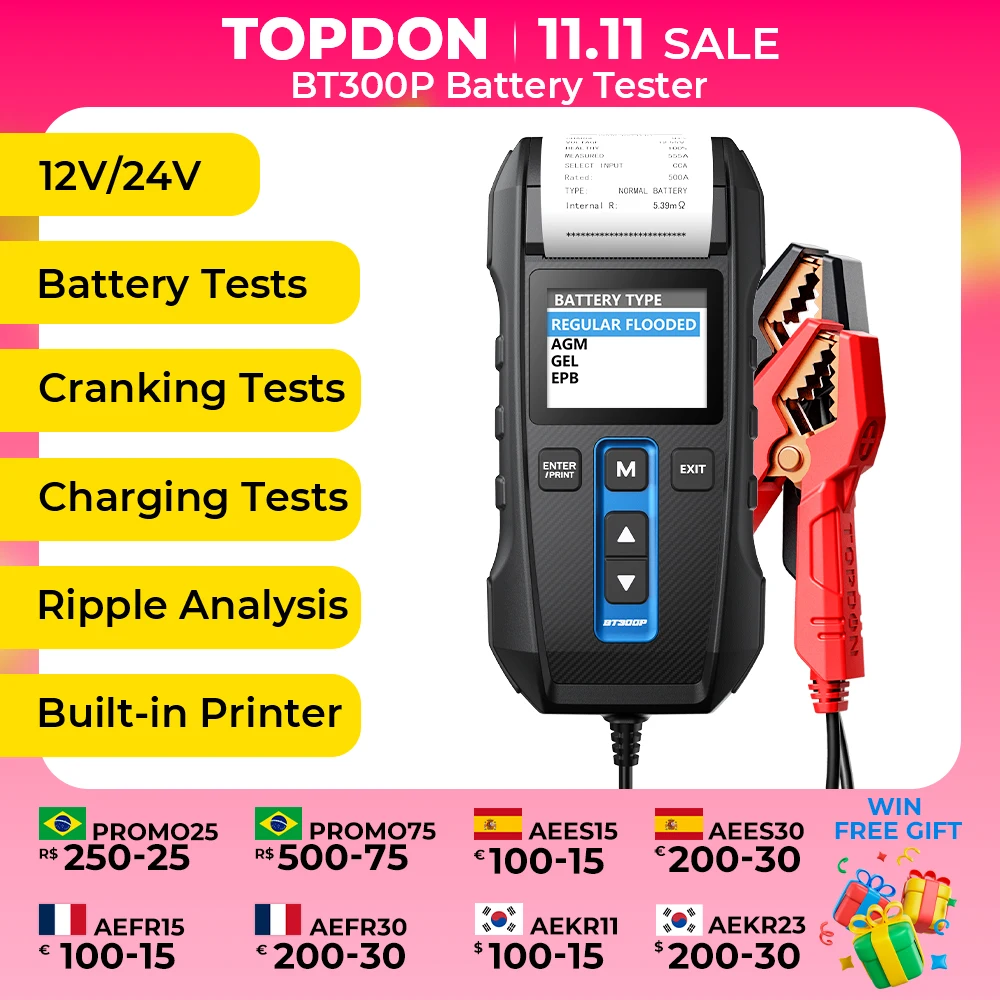 Тестер аккумулятора TOPDON BT300P с печатью, 12 В Тестер аккумулятора TOPDON BT300P с печатью, 12 В
