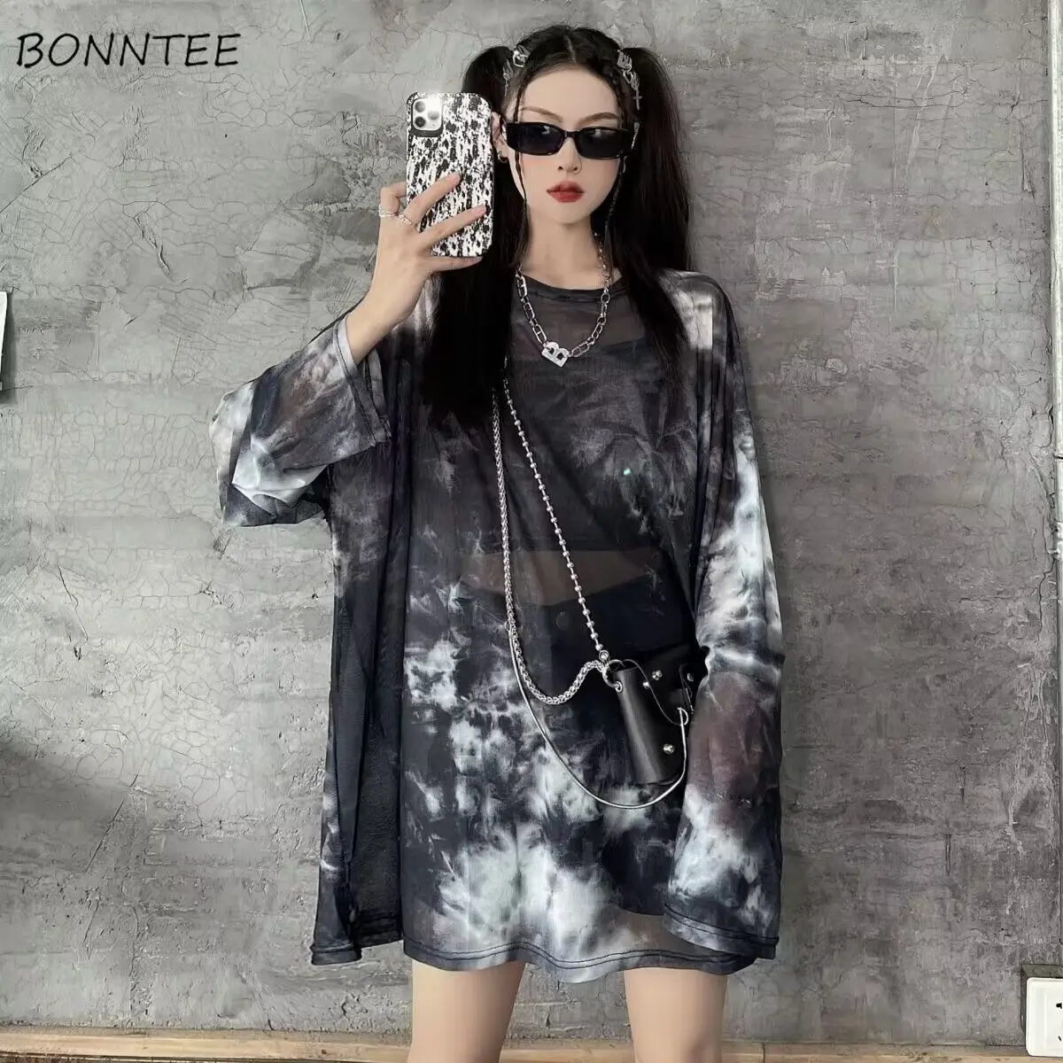 

Long-sleeve T-shirts Women Sheer Sun-proof Loose Design Tie Dye Casual All-match Summer Breathable Ulzzang Personality Ladies