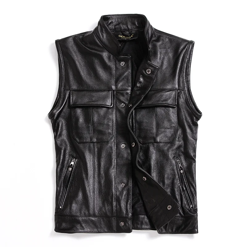 

shipping,Brand new style Free cowhide vest.100% black Genuine leather men slim vest.motorbiker mens leather vests,quality sales,