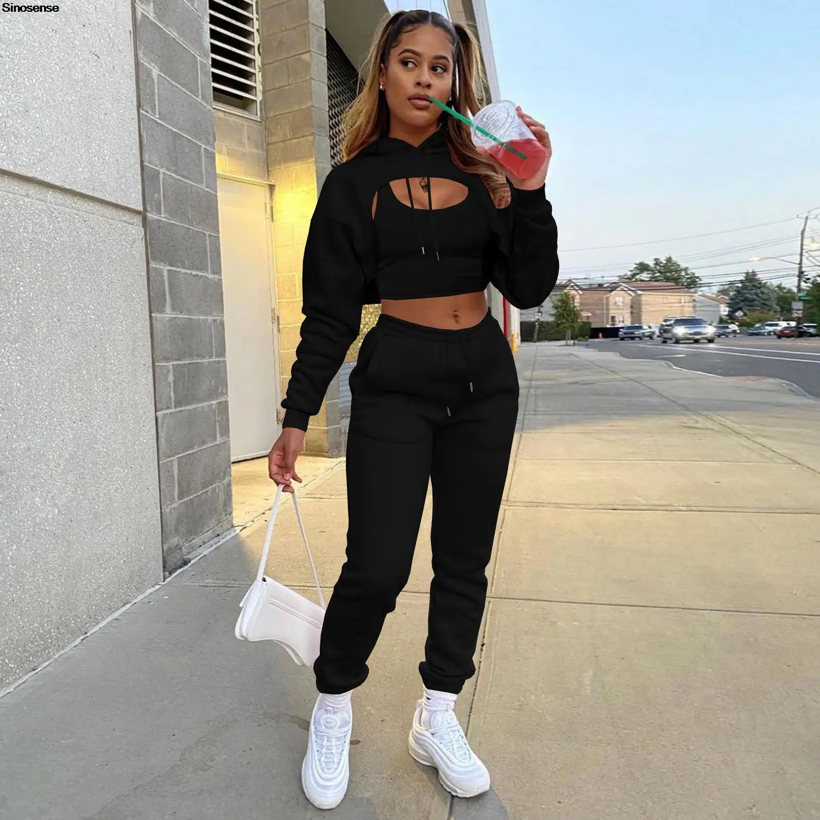 

Women's Fleece 3 Piece Outfits Pullover Crop Top Hoodie+Tank Top+Drawstring Long Pants Sets Sweatsuit Tracksuits Jogging Suits