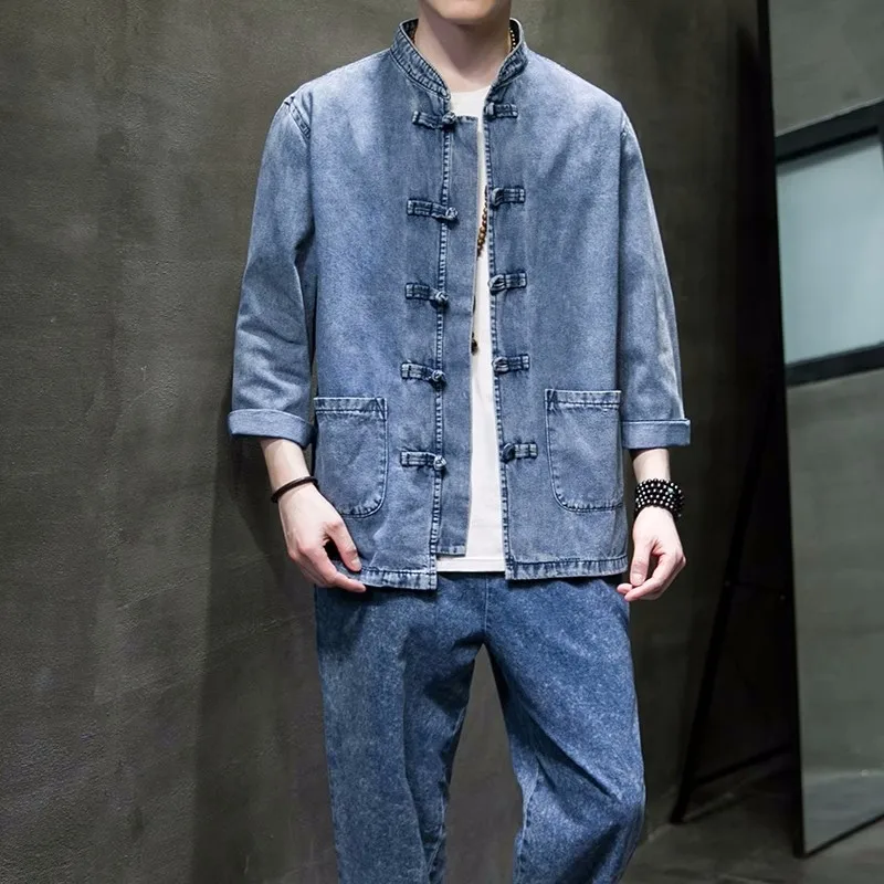 

2023 Summer New Men's High -Quality Fashion Trend Large Size Jean Sets Men Loose Casual Chinese Style Denim Set
