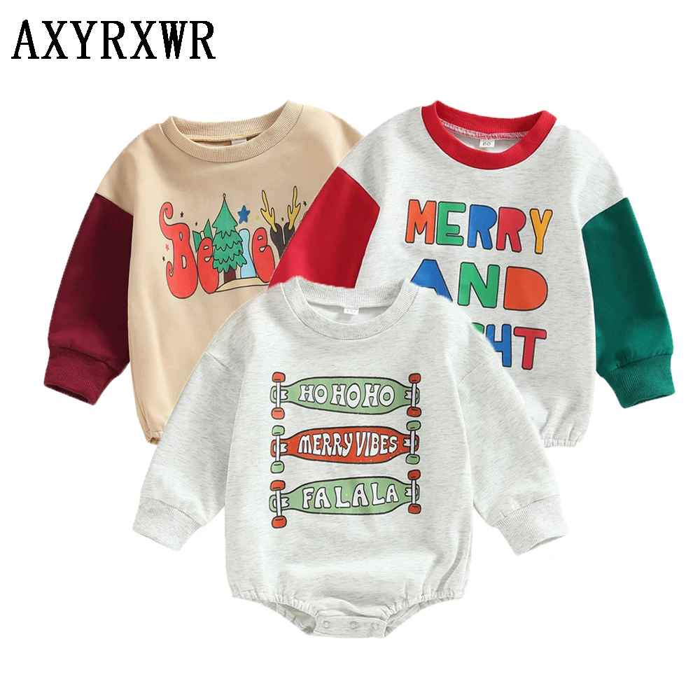 

Модные рождественские комбинезоны для новорожденных мальчиков и девочек, лоскутный пуловер с длинным рукавом и буквенным принтом, комбине...