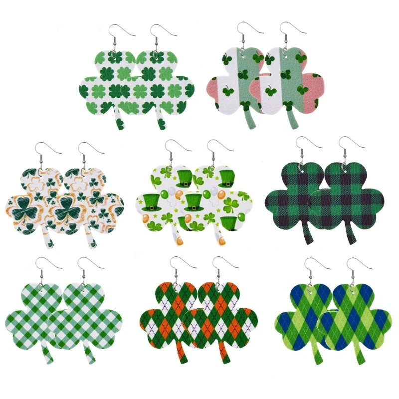 

4XBE 8Pairs Irish Shamrock Dangle Earring Clover-Pendant Hook Earring Patricks