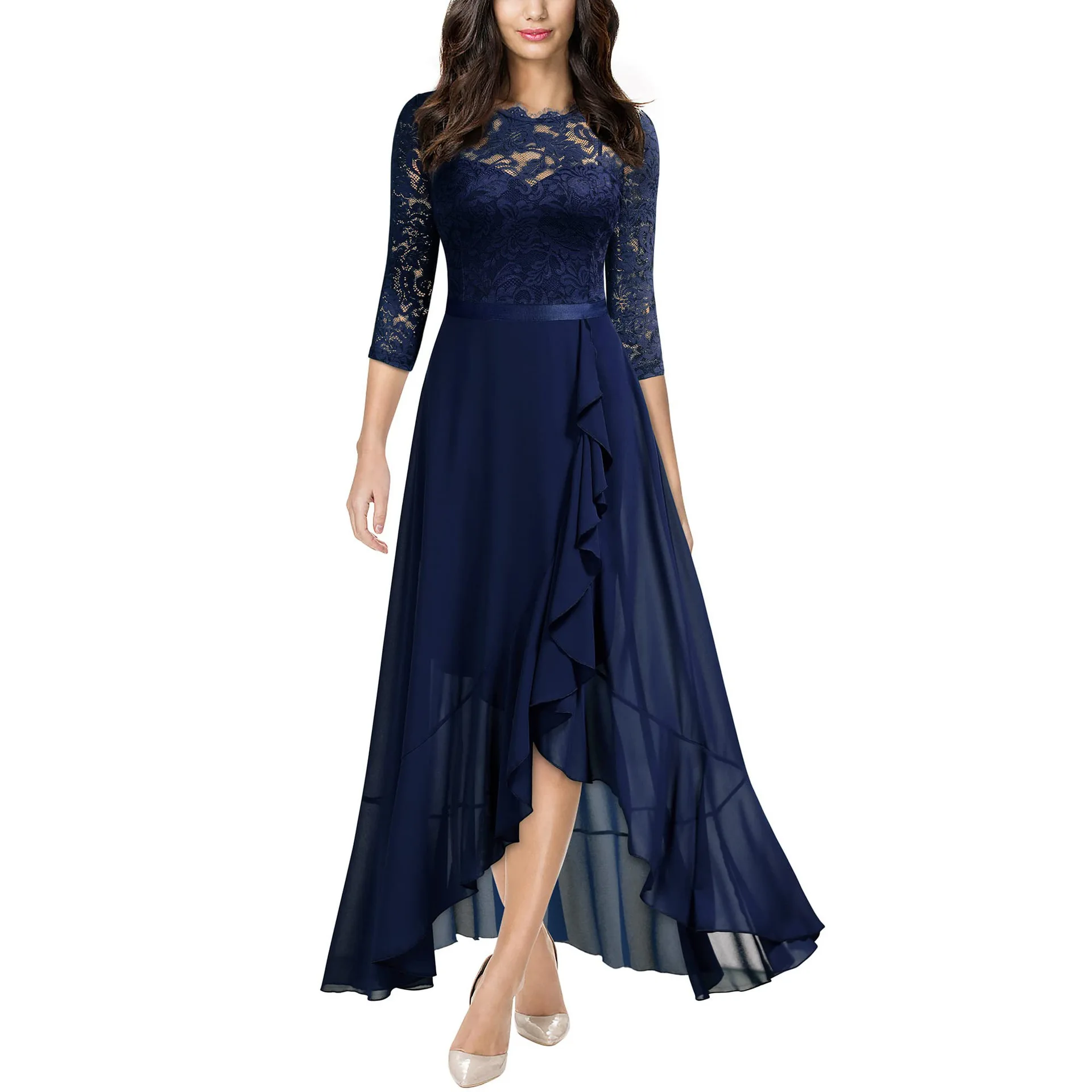 Women's Lace Dresses Stitching Fashion Round Neck Evening Gowns Elegant Temperament Hollow Women's Long Dresses Party Clothing