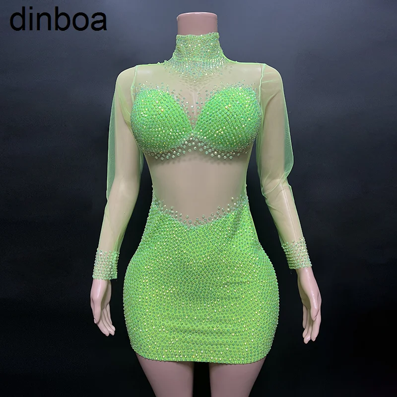 

Novance 2023 New Arrivals Sexy See Through Bling Diamonds Cute Mini Green Dress Short Sparkling Party Dress for Evening Club