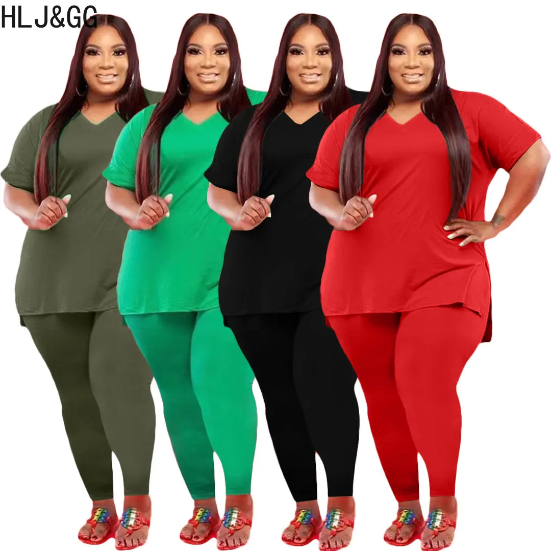 HLJ&GG Casual Solid Color Matching Tracksuits Plus Size Women V Neck Short Sleeve Top And Skinny Pants Two Piece Sets Outfits