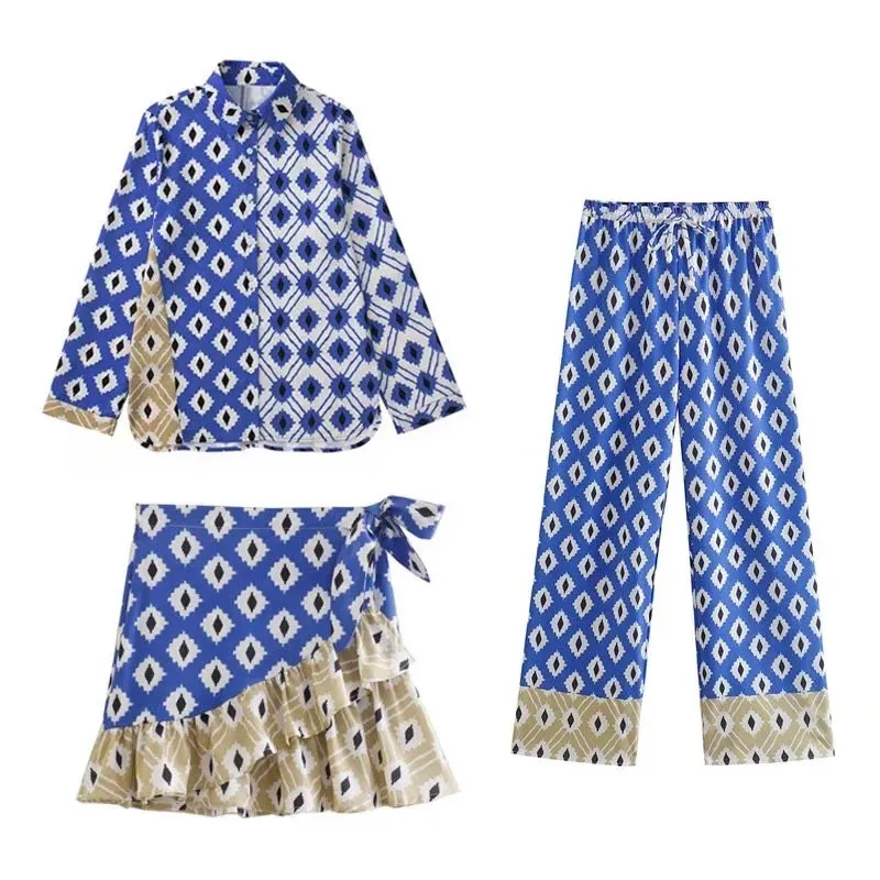

Summer 2022 Women Fashion Print Sets Casual Turn Down Collar Long Sleeve Shirts With High Waist Mini A-Line Skirts