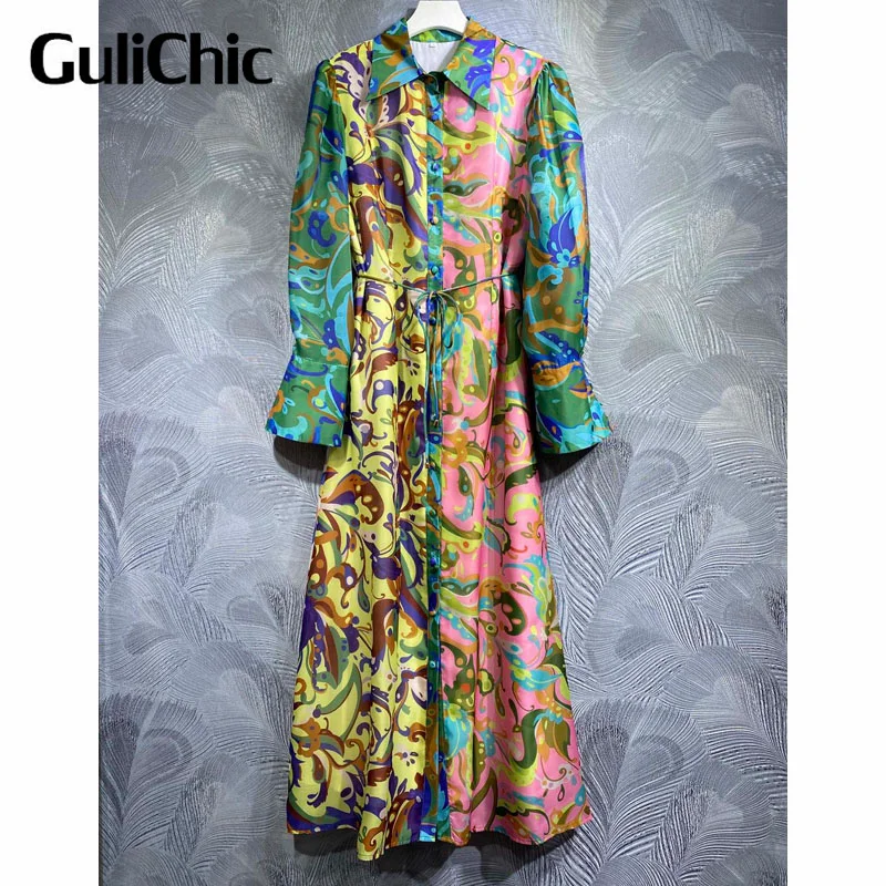 

7.19 GuliChic Holiday Fashion Design Colorful Print Turn-Down Collar Single Breasted Lace-Up Collect Waist Temperament Dress
