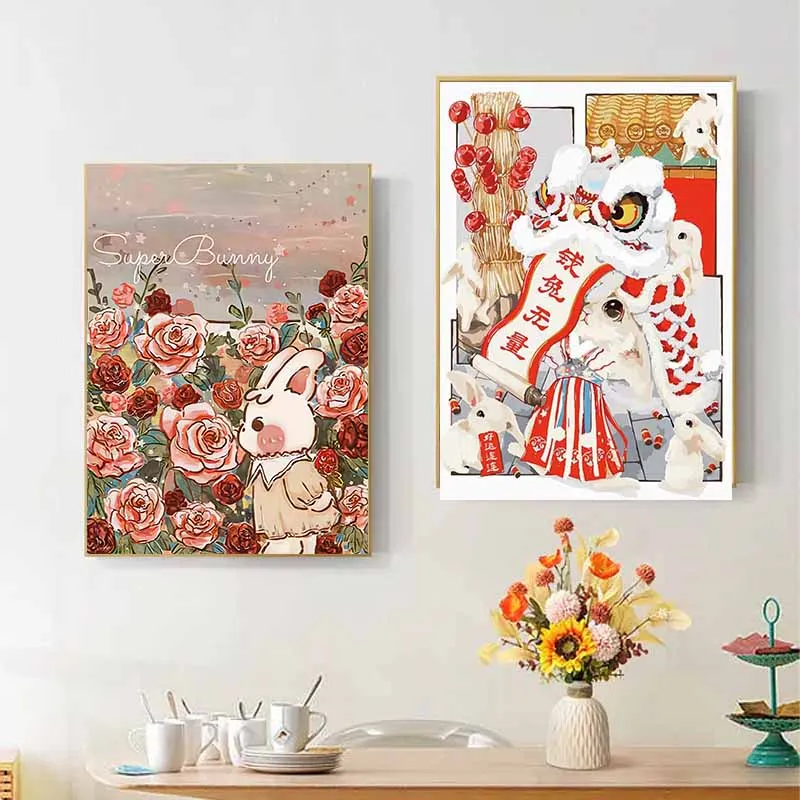 

CHENISTORY Oil Painting By Numbers Year Of The Rabbit Drawing On Canvas Pictures By Numbers Animal Painting Number Artwork