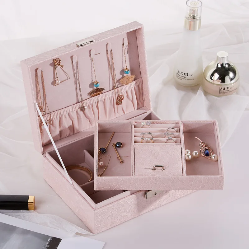 

PU Double-layer Jewelry Box Storage Organizer With Mirror Necklace Earrings Display Container For Small Things