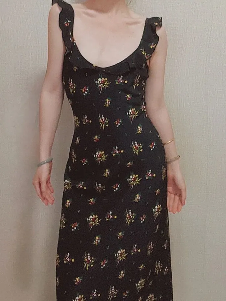 

Женское длинное шелковое платье-трапеция, повседневное винтажное платье макси из 2023 шелка с цветочным принтом, без рукавов, с высокой талией, лето 100%
