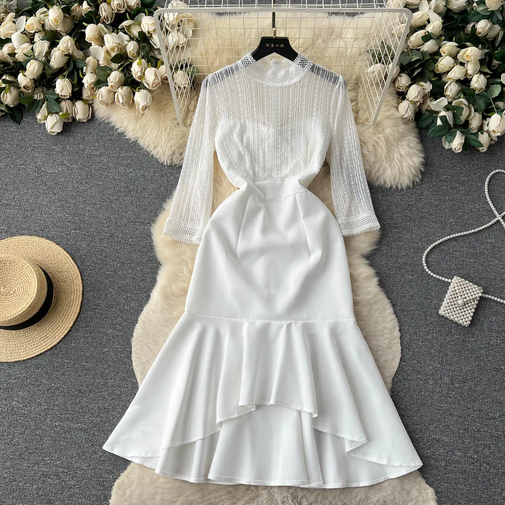

Summer New Elegant Slim Sexy Lace Stitching Fishtail Dress Women New Fashion Round Neck Party Clothes Vestidos De Fiesta L054