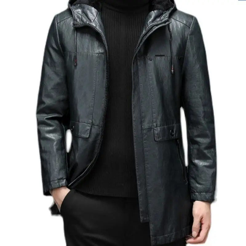 

Autumn Winter Men's New Personality Fashion Plus Size Casual Hooded Mid-length Fur All-in-one Motorcycle Suit PU Jacket