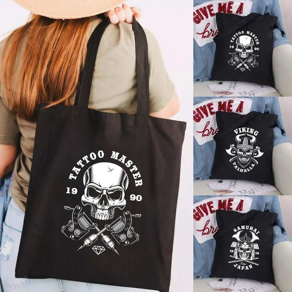 

Women Shopping Bag Skull Print Canvas Tote Designer Handbag Reusable Shoulder Bags Casual Large Capacity Traveling Beach Bags