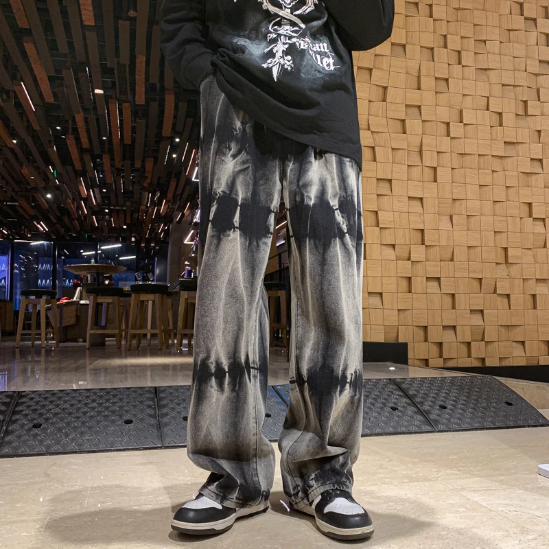 

New Loose Vintage Jeans for Mens Printed Tie-dye Korea Fashion Baggy Straight Jeans Pant Male Denim Trousers Streetwear
