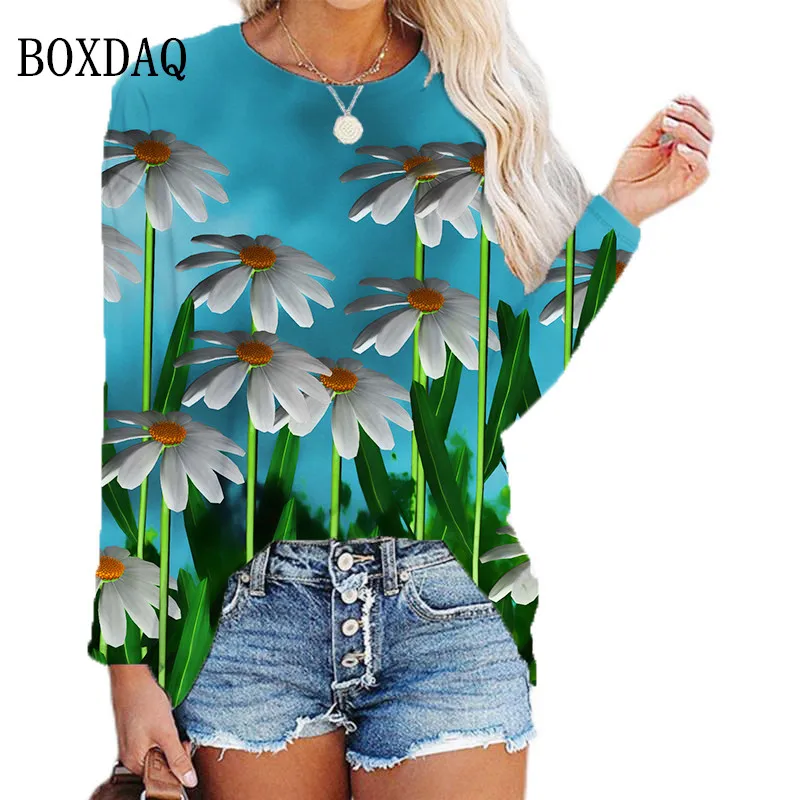 

Женская футболка с длинным рукавом, круглым вырезом и цветочным принтом