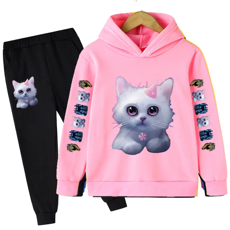

Children's sportswear set, boys and girls' casual sportswear set, cat printed youth clothing hoodie+pants, girls' clothing