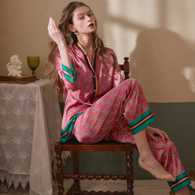 Fashion women long sleeve pajamas fall ice silk printed long-sleeved pants suit fashion pajamas