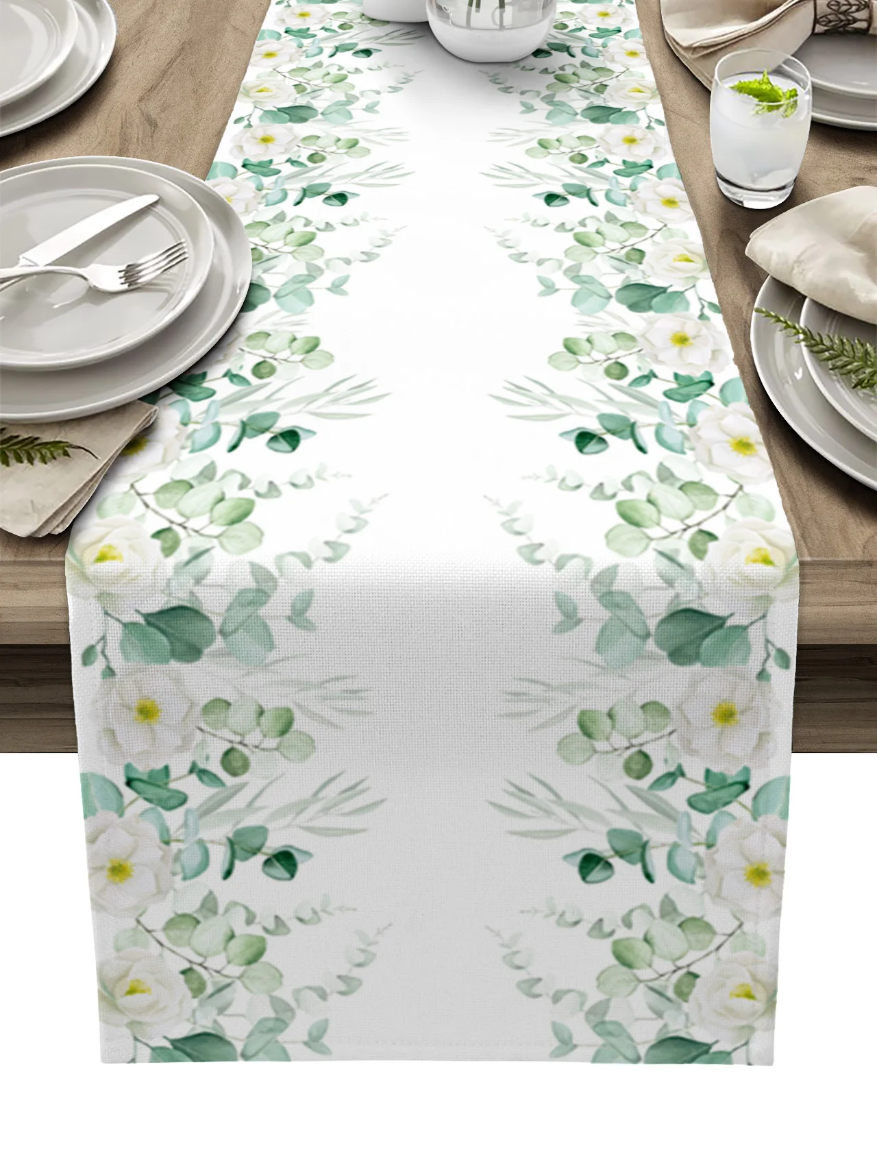 

Watercolor Plant Eucalyptus Leaf Flower Table Runner luxury Kitchen Dinner Table Cover Wedding Party Decor Linen Tablecloth