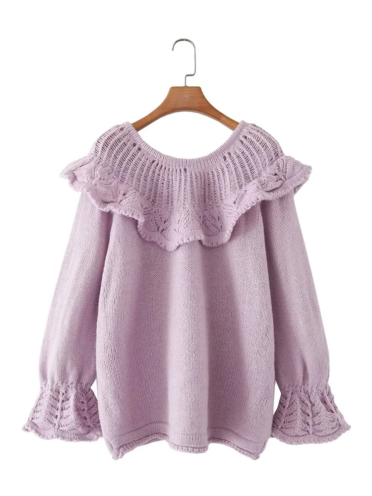 

ZXQJ Women 2022 Fashion Sweet Solid Color Knitting Sweater Vintage Long Sleeve Round Neck Female Ruffled Pullovers Chic Tops