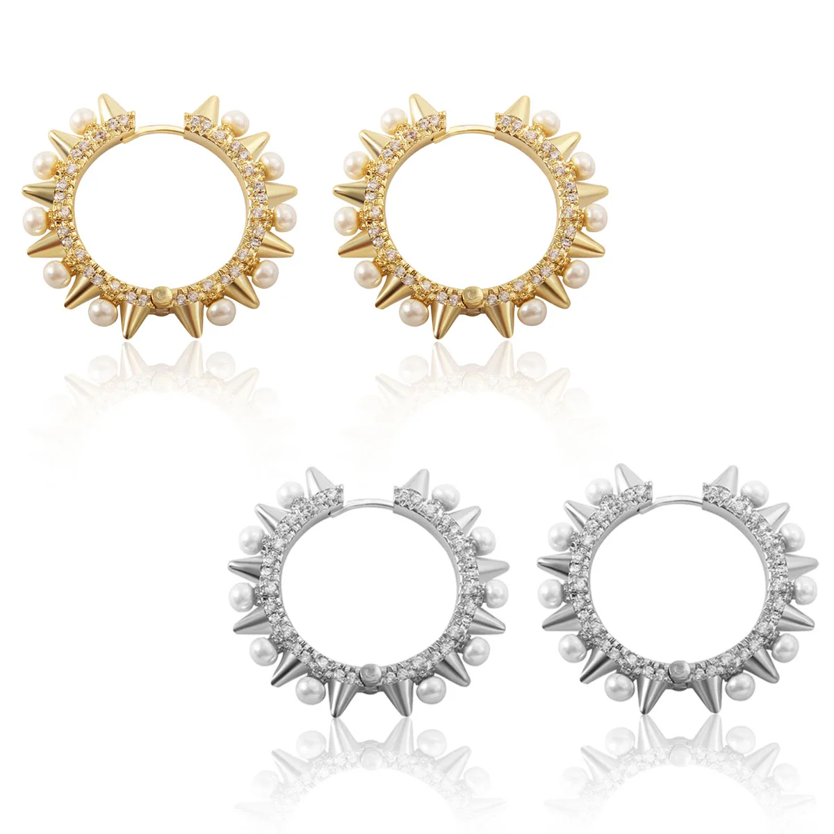 

MHS.SUN Trendy Punk Rivet Earrings Gold Sliver Plated AAA CZ Unique Pearl Hoop Earrings For Women Men Hip Hop Party Jewelry