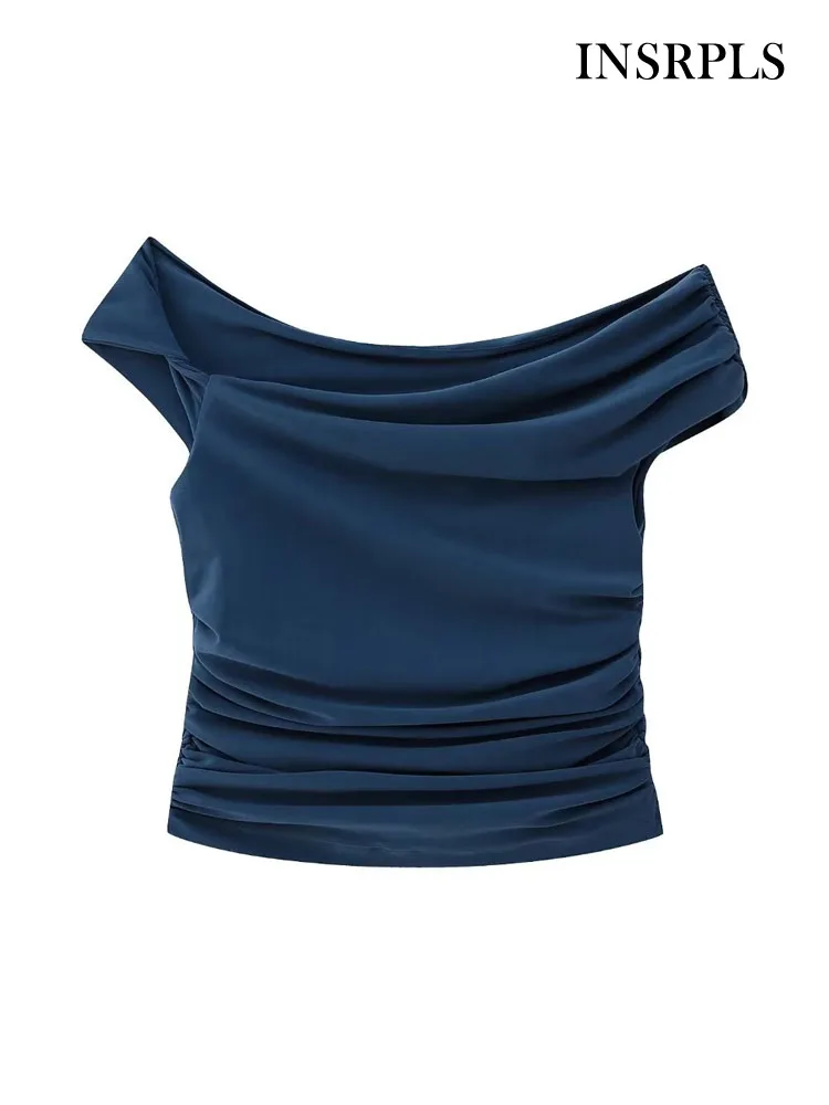 

INSRPLS Женская мода с драпировкой с открытыми плечами укороченные блузки винтажные Асимметричные шеи женские рубашки Блузы шикарные топы