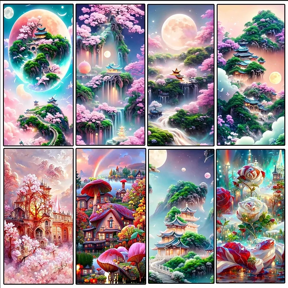

Large Fantasy Flower Landscape Tree Diamond Painting Cross Stitch Kits Cherry Moon Rhinestones Castle Embroidery Mosaic Decor