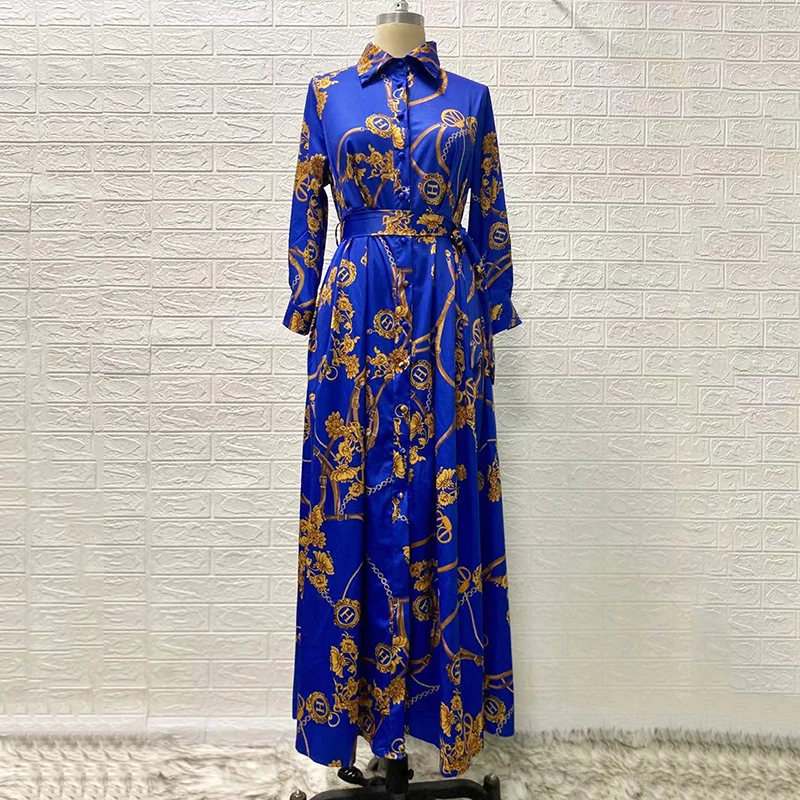Long Dresses For Muslim Women 2022 Print Turn-down Collar Button Moroccan Arabic Islamic Dubai Ramadan Eid Mubarak Dress Abaya