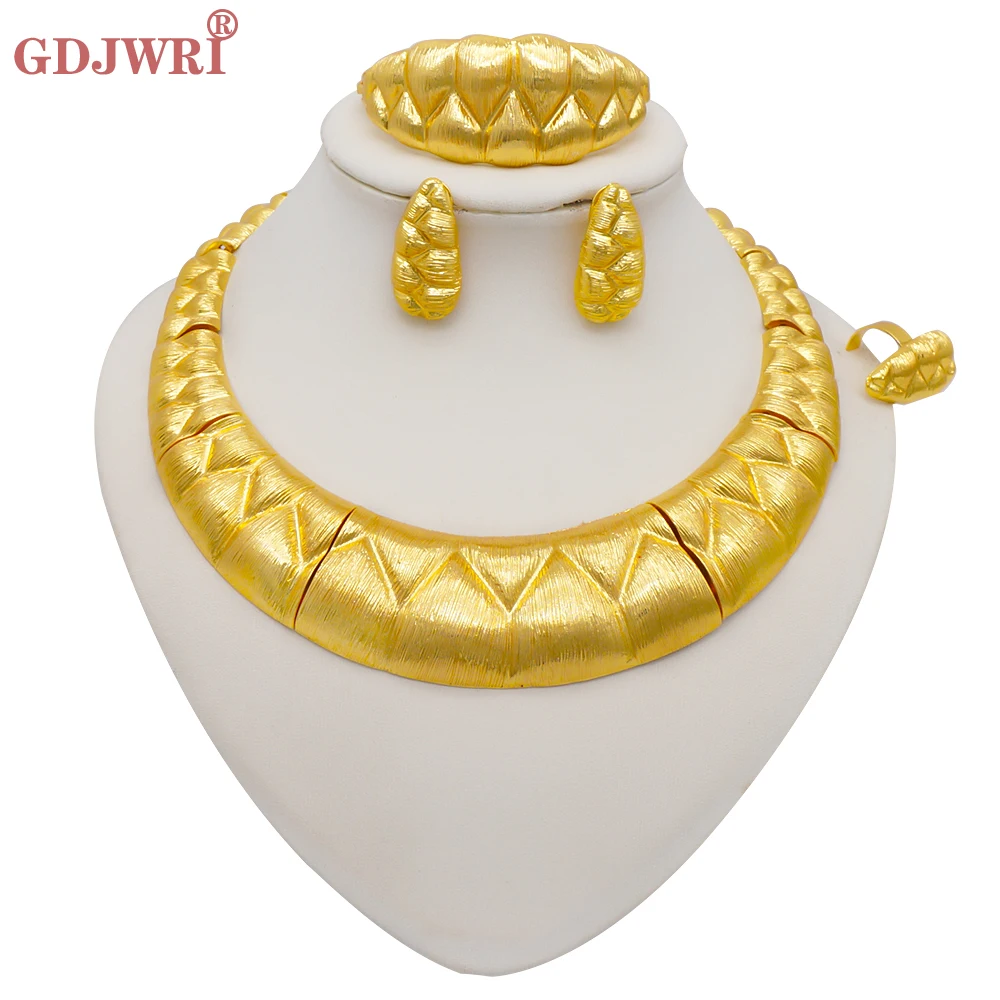 

African Jewelry Set Big Necklace Dubai Ethiopian Gold Jewelery Sets Earring Bracelet Ring For Women Bridal Choker Jewellery