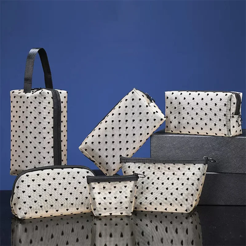 

1PC/1Set Women Mesh Cosmetic Makeup Bags Case Holder Cute Transparent Zipper Black Heart Printed Pencil Pen Case Pouch