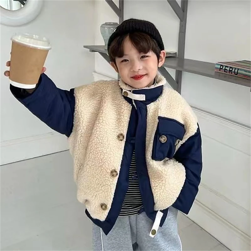 

Boys Coat Jacket Cotton Outerwear 2023 Fuzzy Thicken Velvet Winter Furs Fleece Children's Warm Clothing