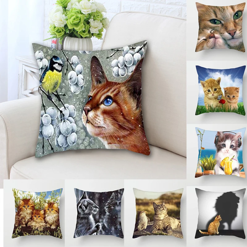 

45x45cm Cute Cats Print Pillowcases Cozy Sofa Chairs Seat/Back Cushion Cover Home Hotel Zippers Throw Pillows Case Home Decor