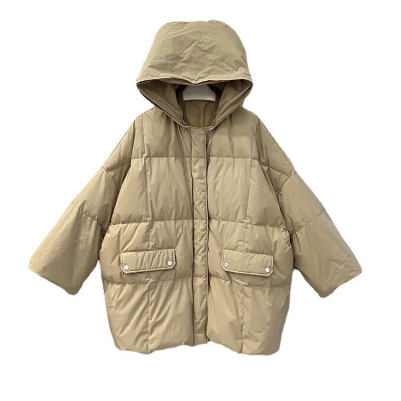 Winter Down Jacket Women's 2022 New Hooded Loose White Duck Down Jacket Long Sleeve Solid Color Casual Coat H109