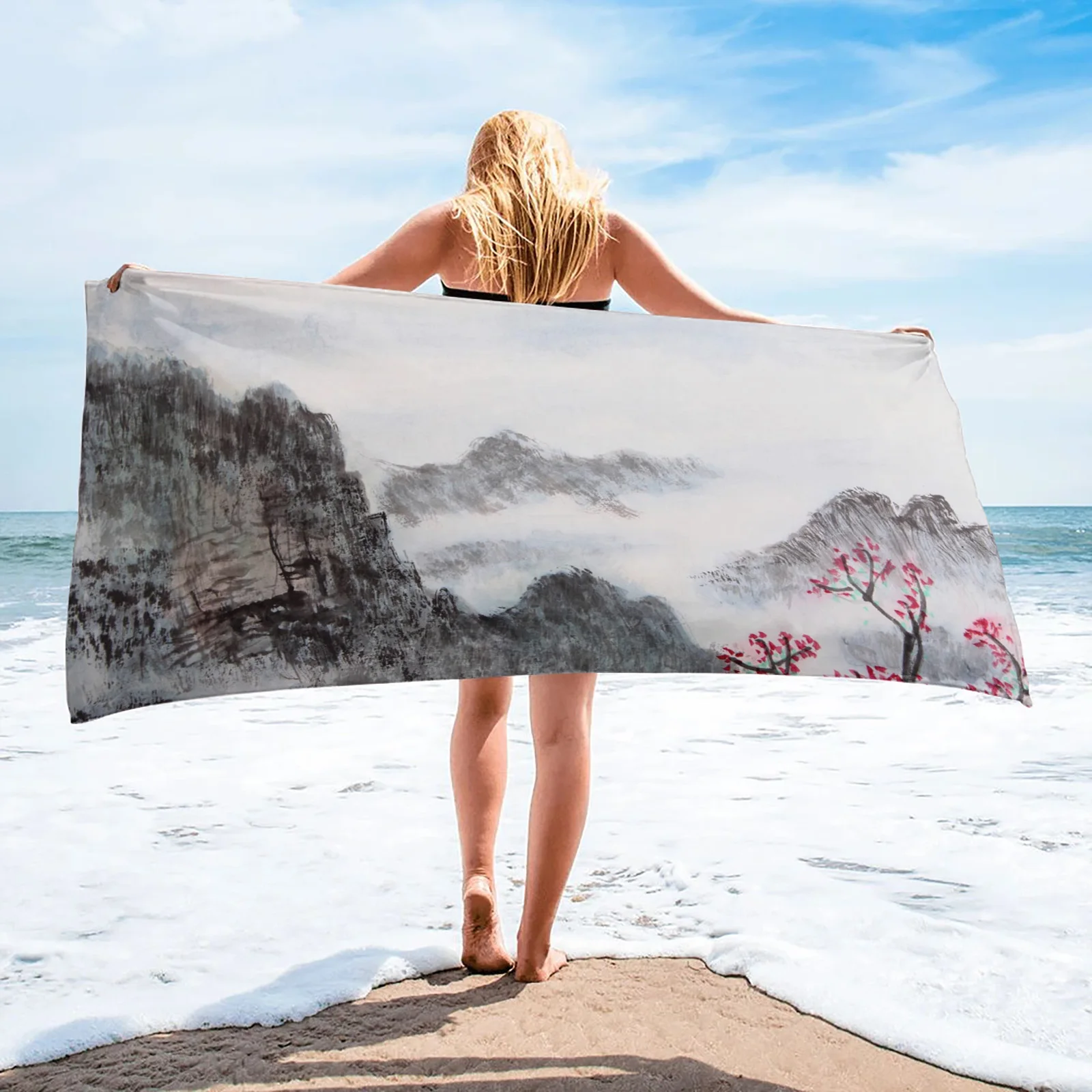 

Flower Ink Painting Modern Household Bath Towel Quick Dry Fitness Spa Towel Stylish Microfiber Beach Towel