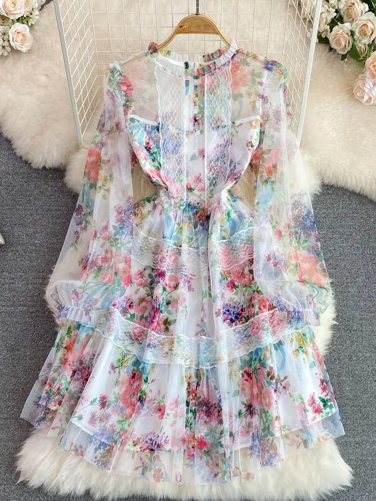 

Женское модельное Кружевное платье миди, элегантное Сетчатое платье с цветочным принтом и длинным рукавом для отпуска в богемном стиле, вес...