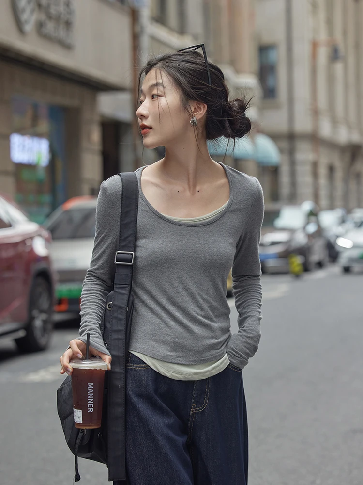 Рубашка с длинными рукавами в Корейском стиле круглым вырезом женская осень 2024