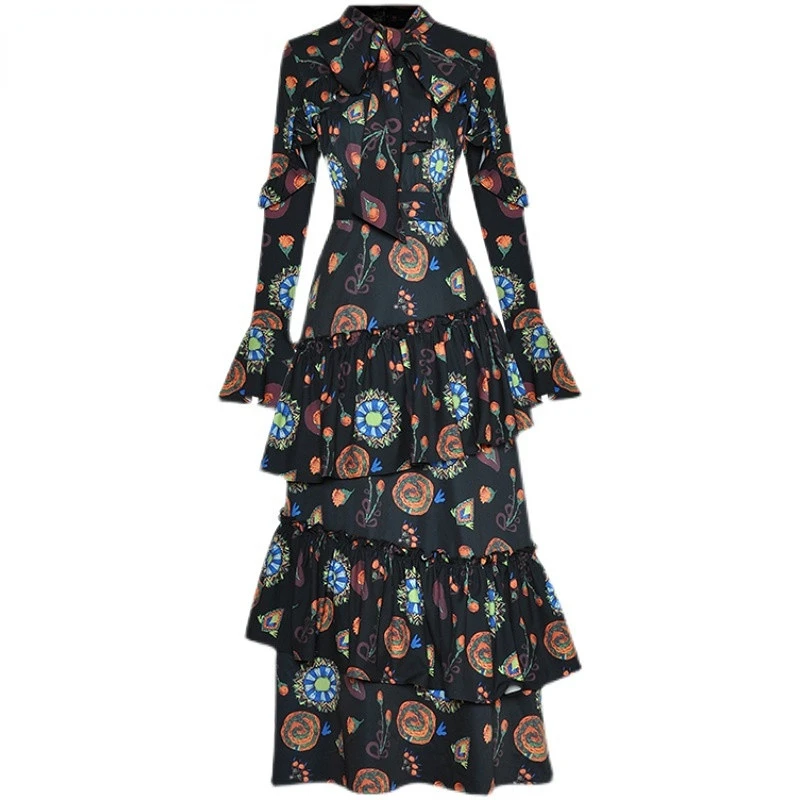 

Женские платья 2023, модельное Роскошное дизайнерское весеннее винтажное платье с бантом на воротнике, расклешенными рукавами, каскадными оборками и цветочным принтом