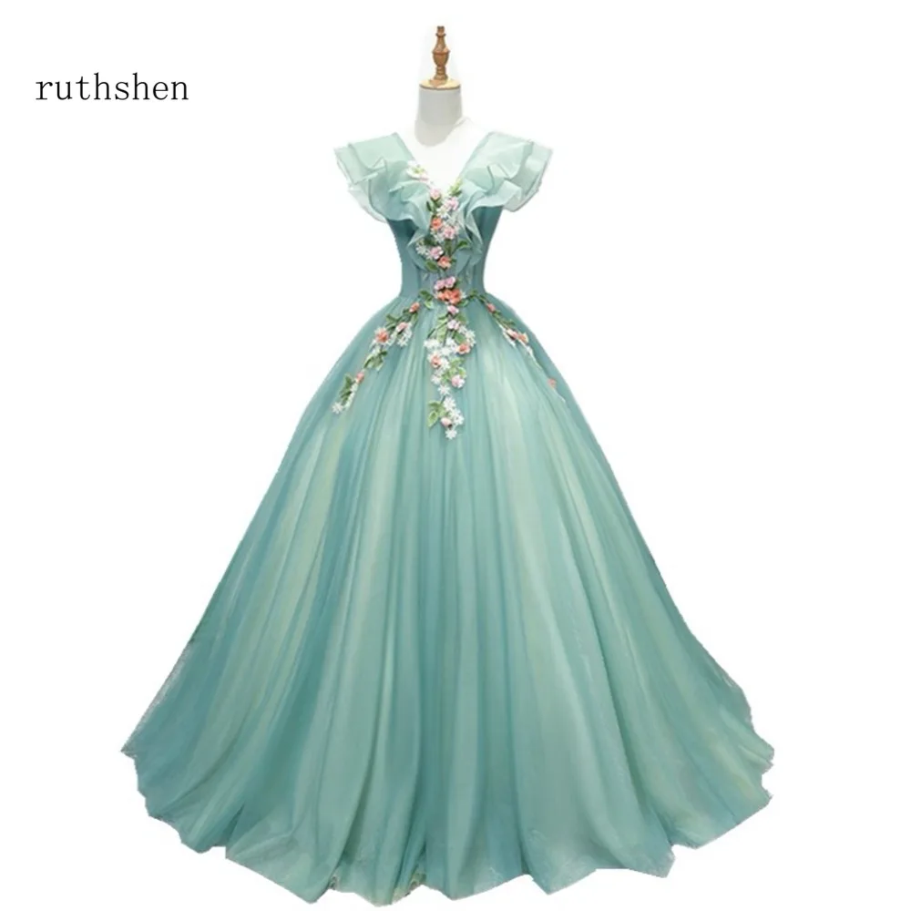 

ruthshen Charming Floor Length Prom Dresses Luxury Appliques Party Dresses With Ruffles In Stock Women Formal Party Gowns 2020