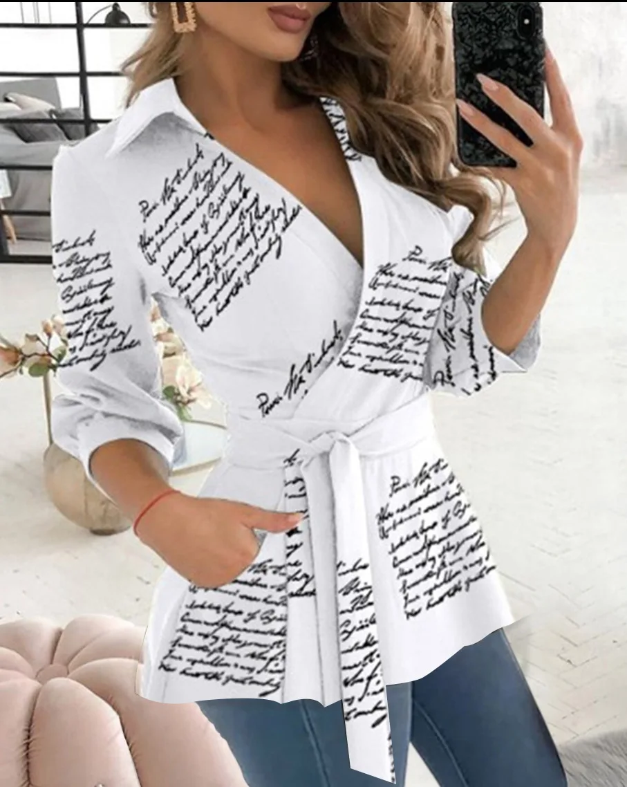 

Elegant Women's Blouse Top 2023 Autumn New Letter Print Long Sleeve V-Neck Belt Shirt Female Slim Pocket Blouses Femme Blusas