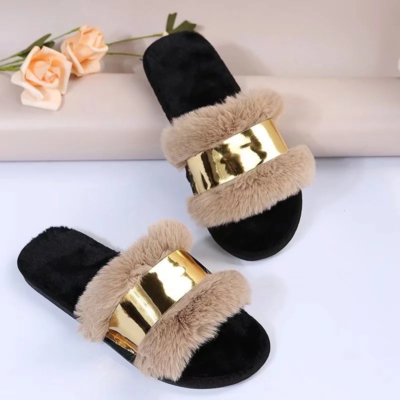 

Luxury Designer Women's Fur Rhinestone Slippers Platform Wedges Heel Solid Fluffy Furry Slides Outside Sexy Shoes Ladies Casual