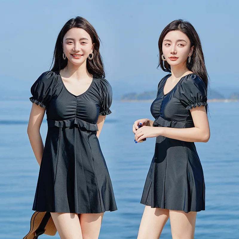 

Summer Swimwear Women V-neck Short Sleeve High Waist One-Piece Swimsuit Swimming Wading Beach Dress
