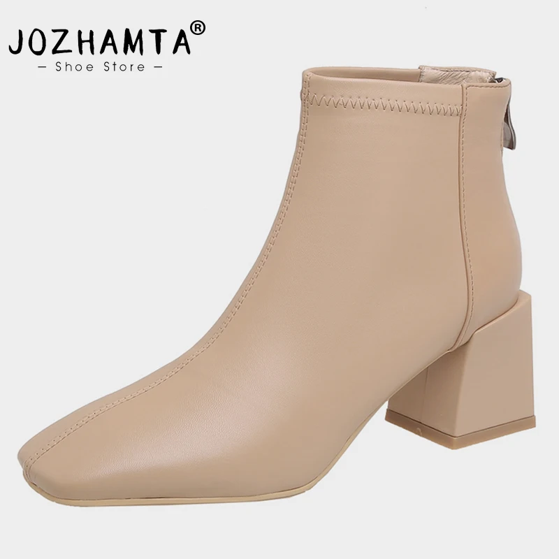 

Женские ботильоны из натуральной кожи JOZHAMTA, зимние ботинки на высоком каблуке, повседневные эластичные ботинки на толстом каблуке, Размеры 33-40, 2023