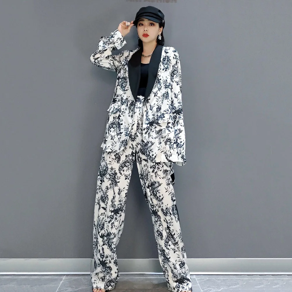 

Summer Loose Print Chic Trousers Set 2022 Autumn Fashion Suit Jacket Korean Wide Leg Suit Pants Blazer Womens OL Two-piece Suit