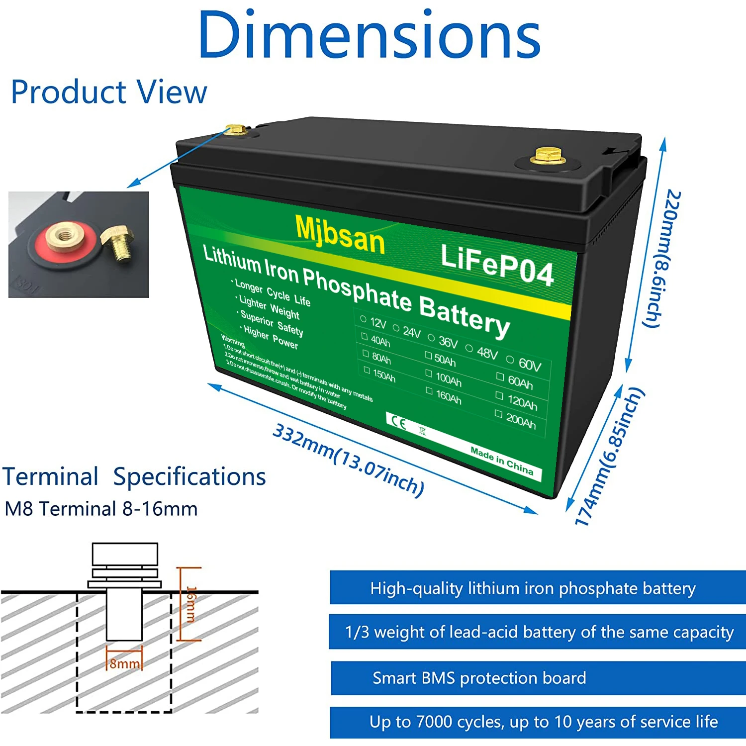 

Аккумуляторная батарея MJBSAN, литий-железо-фосфат, 12 В, 3000 Ач, с BMS