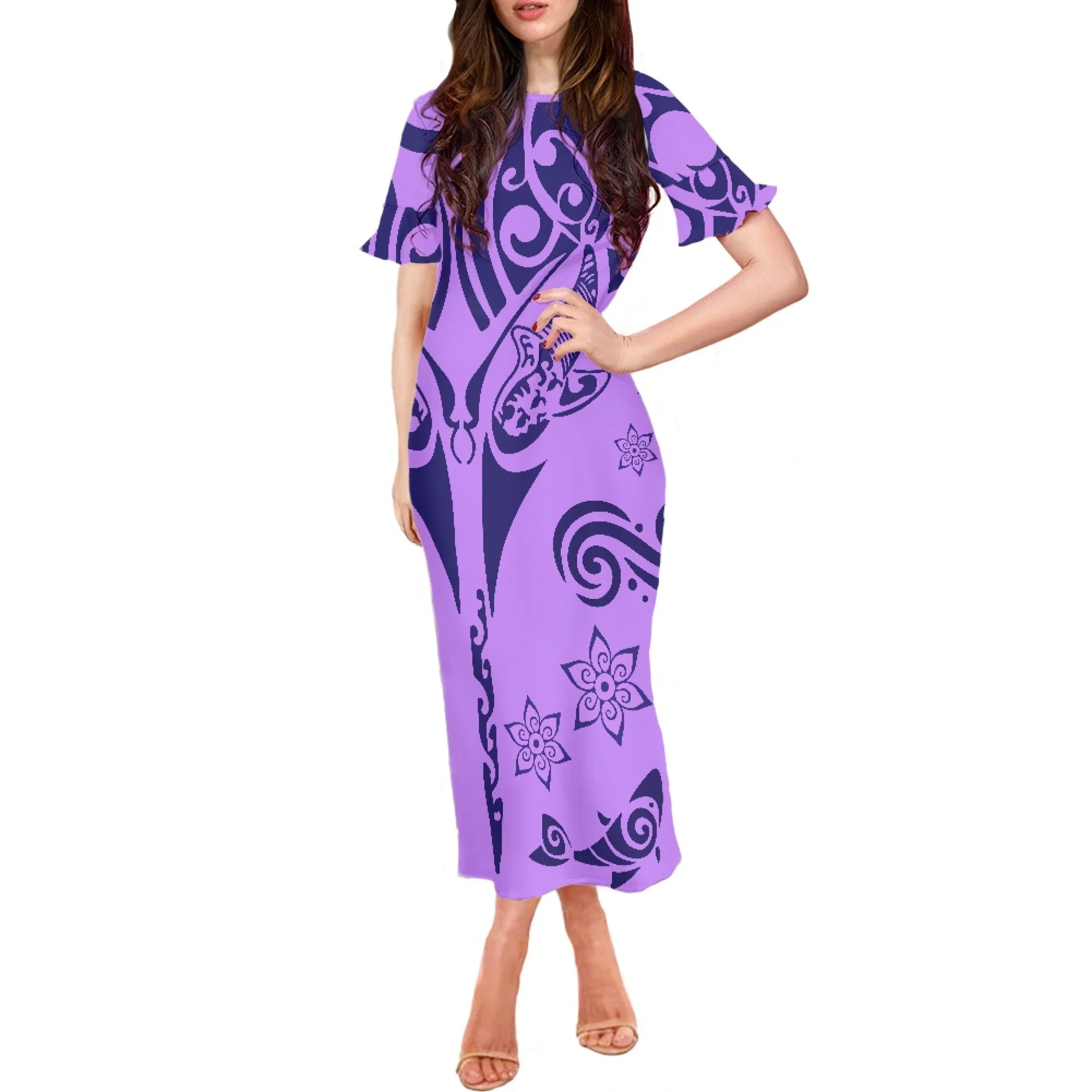 

Samoan Moroccan Tribal Style Elegant Ladies Party Summer Print Fashion Casual Maxi Dress Round Neck Ruffled Sleeves Office Dress