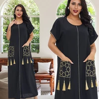 casual muslim summer dress for women 2022 dubai arabic ethnic embroidery tassel pockets short sleeve islamic clothing