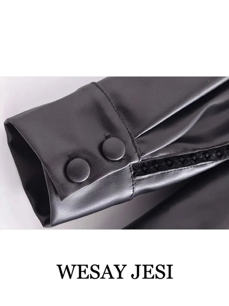 WESAY JESI Womens Fashion Faux Leather Shirt Jacket Single Breasted Lace Trim Long Sleeve Lapel Pu Jacket Coat Female Streetwear