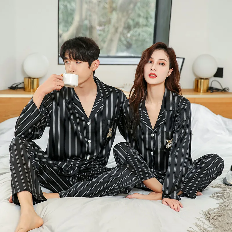 Ice silk couple pajamas women's spring and autumn new satin chiffon long-sleeved vertical cardigan home service large size men's