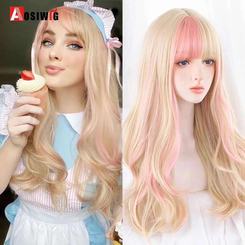 

Aosiwig Synthetic Lolita Wig With Bangs Bob Natural Long Wavy Hair Blonde Black Pink Cosplay Anime Halloween Wigs For Women