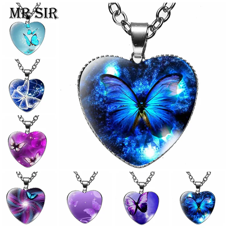 

Purple Magic Butterfly Heart Pendant Necklace Beautiful and Mysterious Butterfly Glass Dome Handmade Necklace Women Jewelry Gift